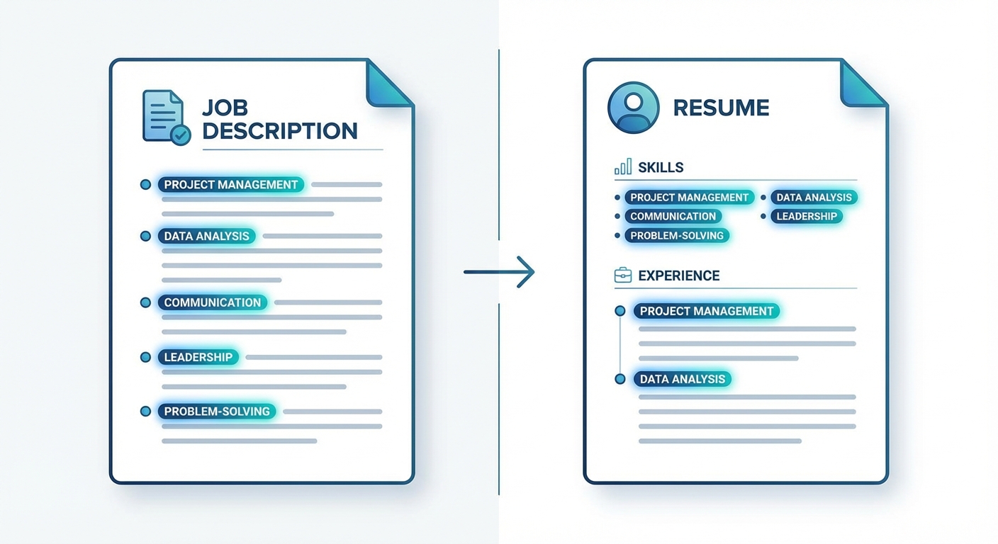 A split-screen visual showing a Job Description on the left with highlighted keywords, and a Resume on the right showing those exact keywords placed in the Skills and Experience sections