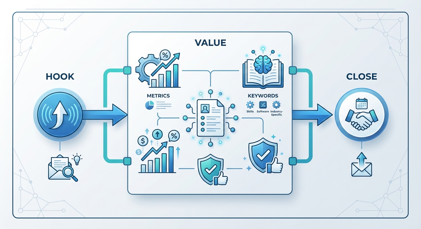 A visual flowchart showing the 'Hook -> Value -> Close' anatomy of a 150-word cover letter, highlighting where to place metrics and keywords.