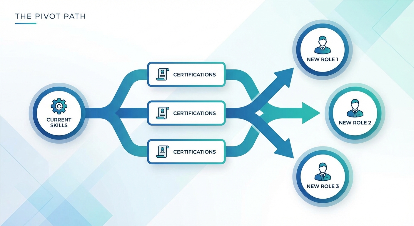 Visual flow chart showing 'The Pivot Path' , starting with current skills, branching into certifications, and ending at three potential new roles