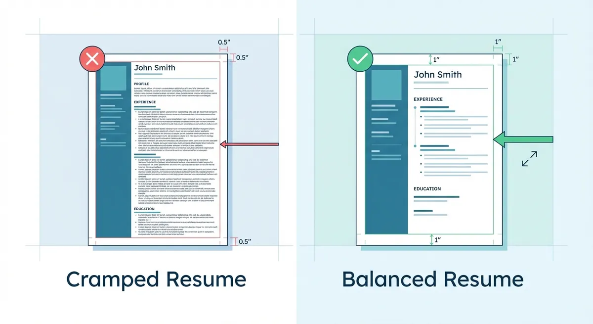 A visual comparison showing two resumes side-by-side. The left side is 'Cramped' with 0.5 margins and small font, labeled with a red X. The right side is 'Balanced' with 1-inch margins and clear headers, labeled with a green checkmark. Annotations point out specific areas of white space usage.