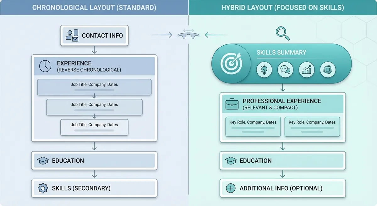 A visual split-screen comparison showing a standard chronological resume vs. a hybrid resume layout highlighting the 'Skills Summary' section at the top