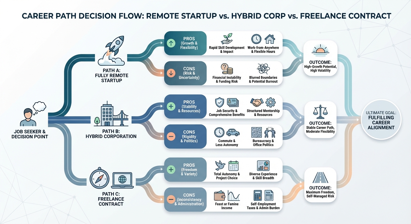 A flowchart showing the decision process for a job seeker choosing between a fully remote startup, a hybrid corporation, and a freelance contract, highlighting pros and cons of each path