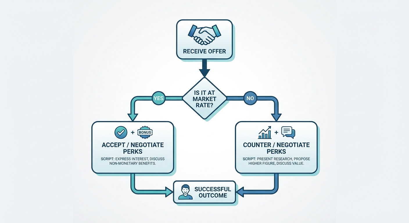A flowchart showing the decision tree of a negotiation conversation. Starts with 'Receive Offer' -> 'Is it at market rate?' -> 'Yes/No' branches leading to specific scripts for Countering, Accepting, or Negotiating Perks.