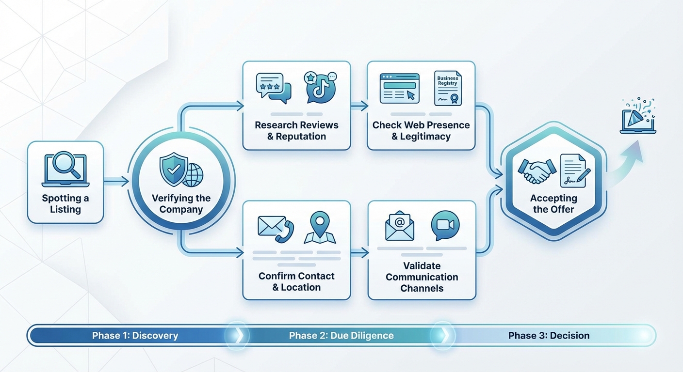 Visual flow chart showing the 'Remote Job Vetting Process' starting from spotting a listing to verifying the company to accepting the offer
