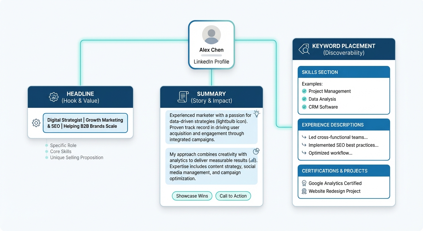A visual breakdown of optimizing your LinkedIn profile with examples of headline, summary, and keyword placement.