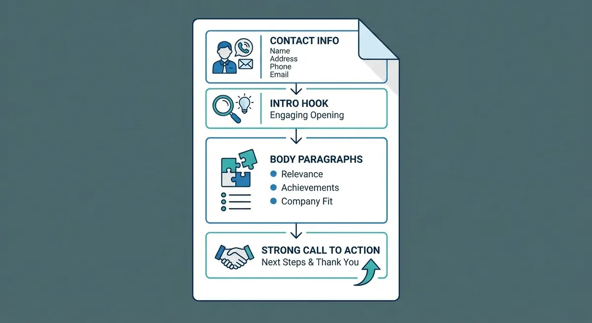 A visual 'Anatomy of a Perfect Cover Letter' showing where contact info goes, how to hook the reader in the intro, body paragraph structure, and a strong call to action conclusion