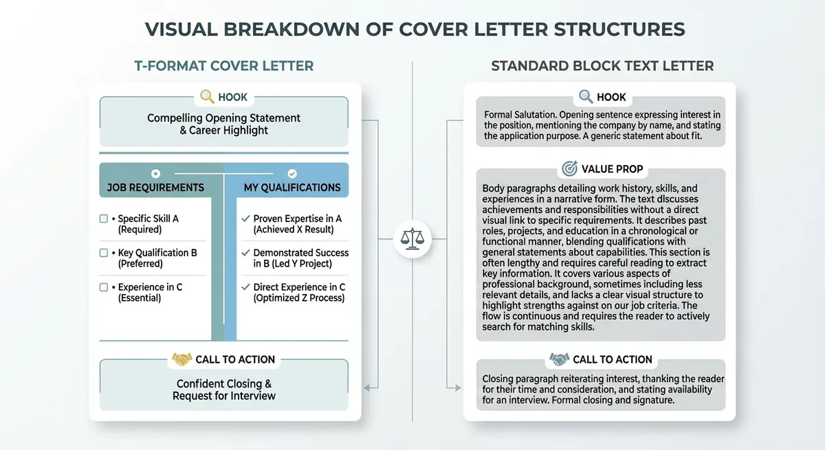 A visual breakdown of the 'T-Format' cover letter structure vs. a standard block text letter, highlighting where to place the 'hook', the 'value prop', and the 'call to action'.