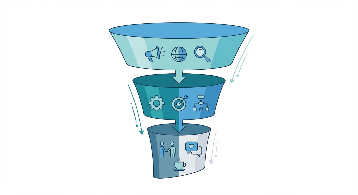 A funnel visualization showing broad questions at the top for recruiters, specific strategic questions in the middle for managers, and culture-focused questions at the bottom for peers.