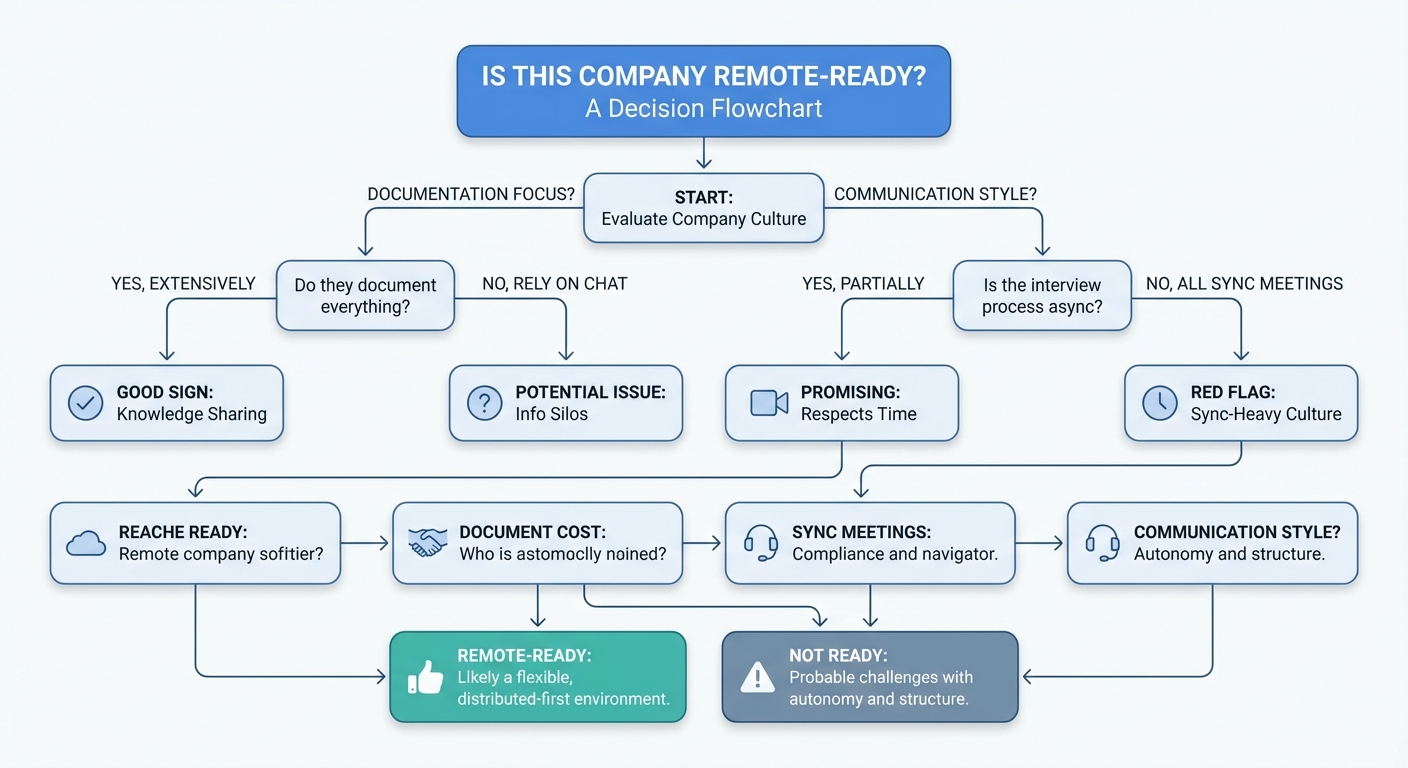 A flowchart titled 'Is This Company Remote-Ready?' showing a decision tree based on questions like 'Do they document everything?' and 'Is the interview process async?'