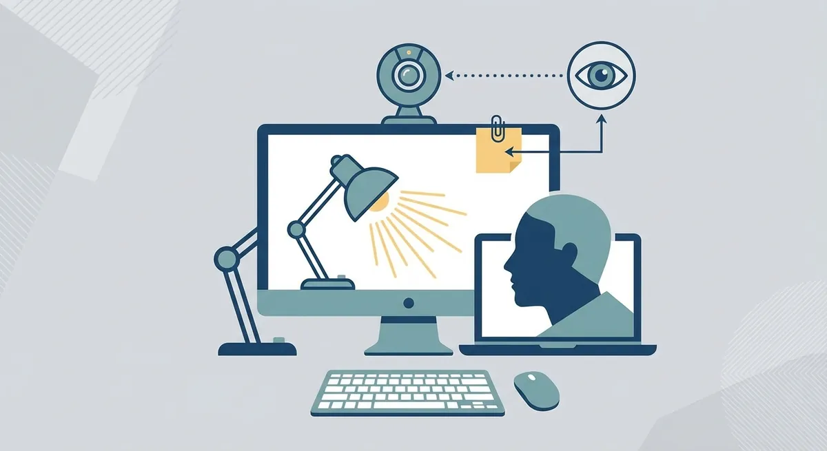 A diagram showing the ideal desk setup, including camera at eye level, light source positioning in front of the face, and a sticky note placement guide next to the webcam.