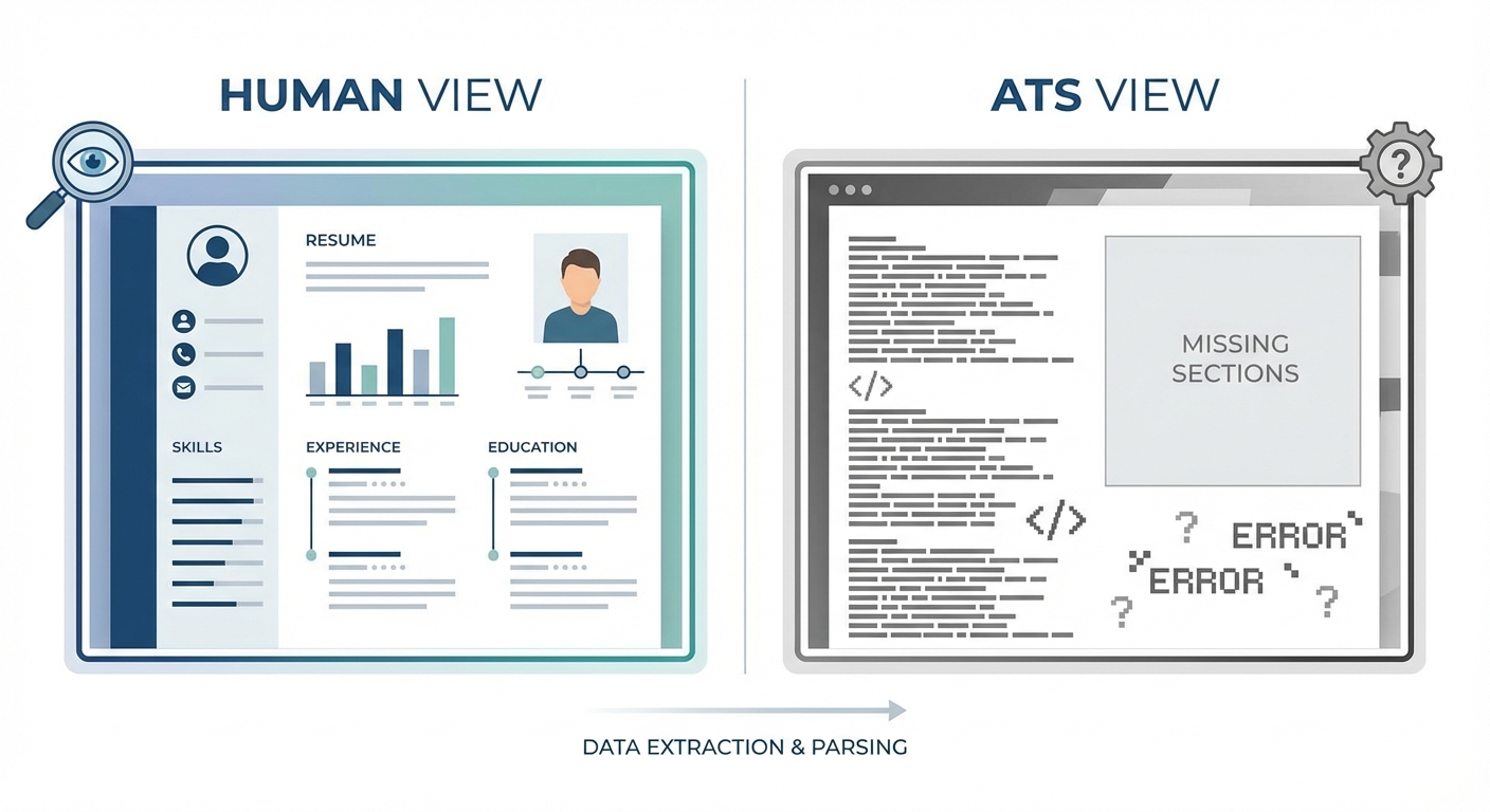 A split comparison visual showing a 'Human View' of a creative resume with charts and columns versus the 'ATS View' showing garbled text and missing sections