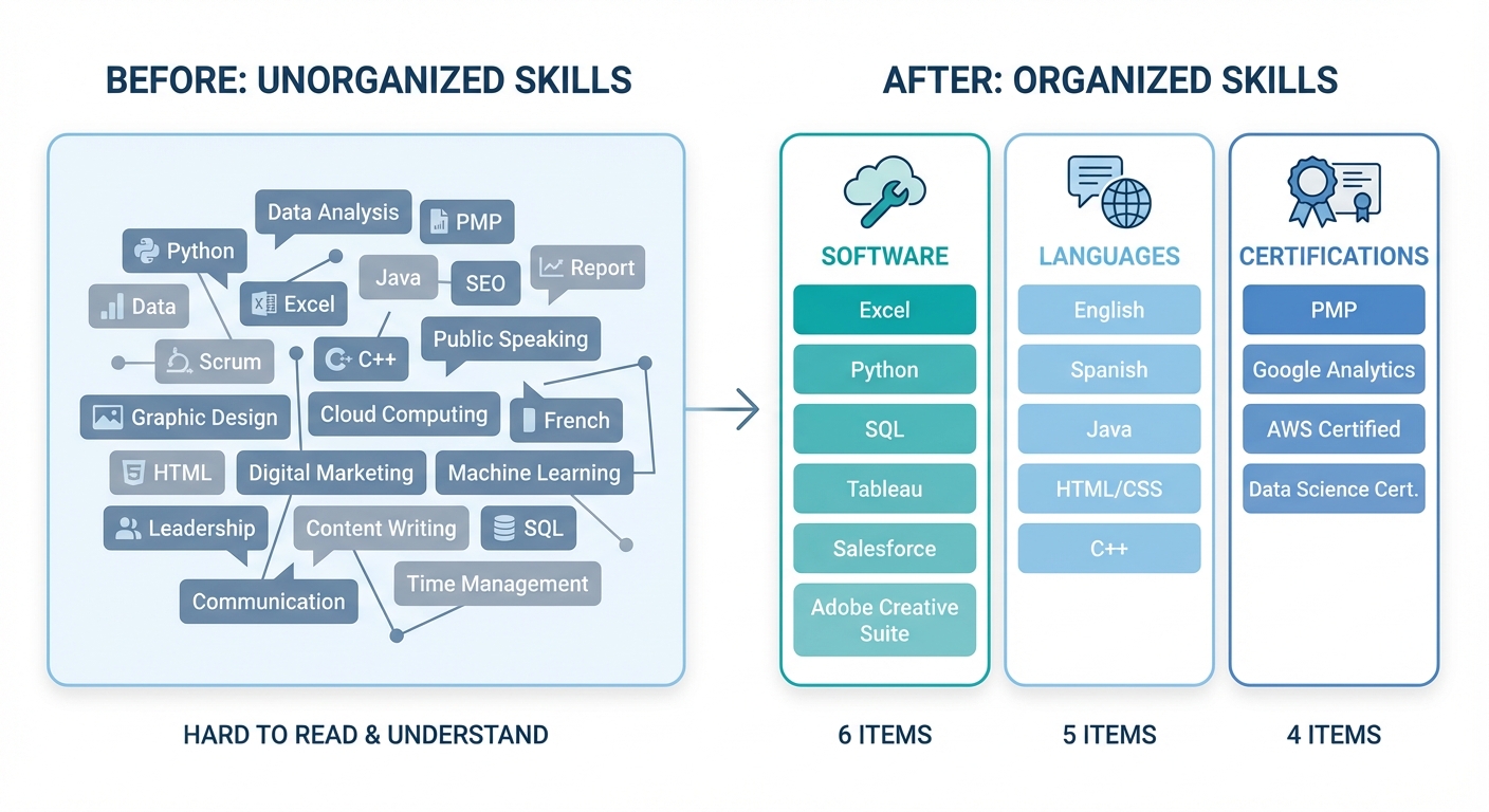 Visual comparison showing a messy block of 20 skills vs. the same skills neatly organized into 3 clear categories like 'Software', 'Languages', and 'Certifications'