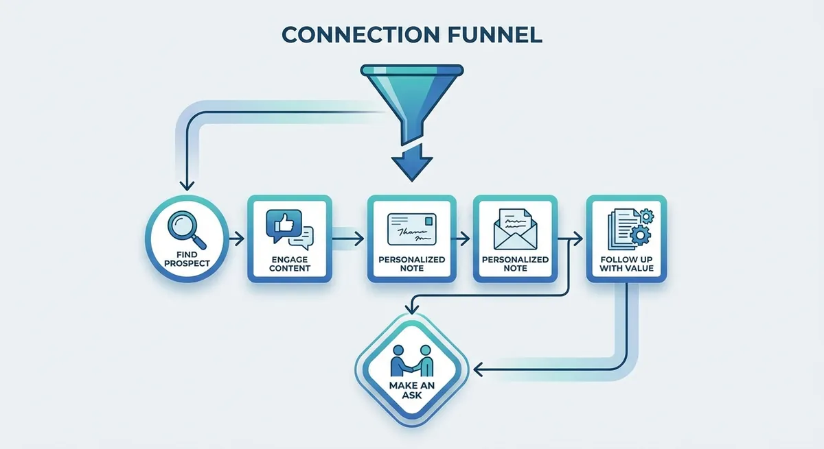 A flowchart showing the 'Connection Funnel' starting from Finding a Prospect -> engaging with their content -> sending a personalized note -> following up with value -> making an ask