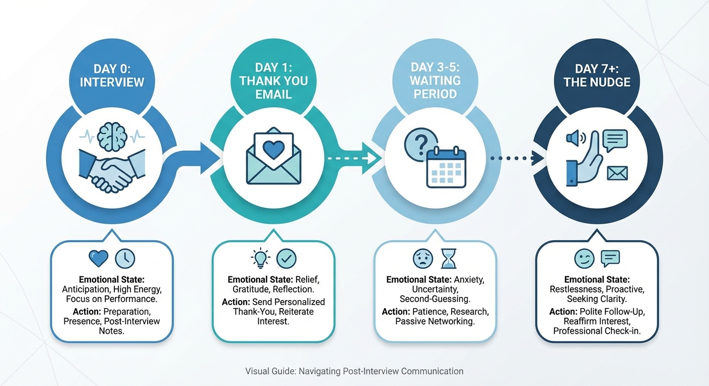 A timeline visual showing 'Day 0: Interview', 'Day 1: Thank You Email', 'Day 3-5: Waiting Period', 'Day 7+: The Nudge', explaining the emotional state vs. necessary action at each stage
