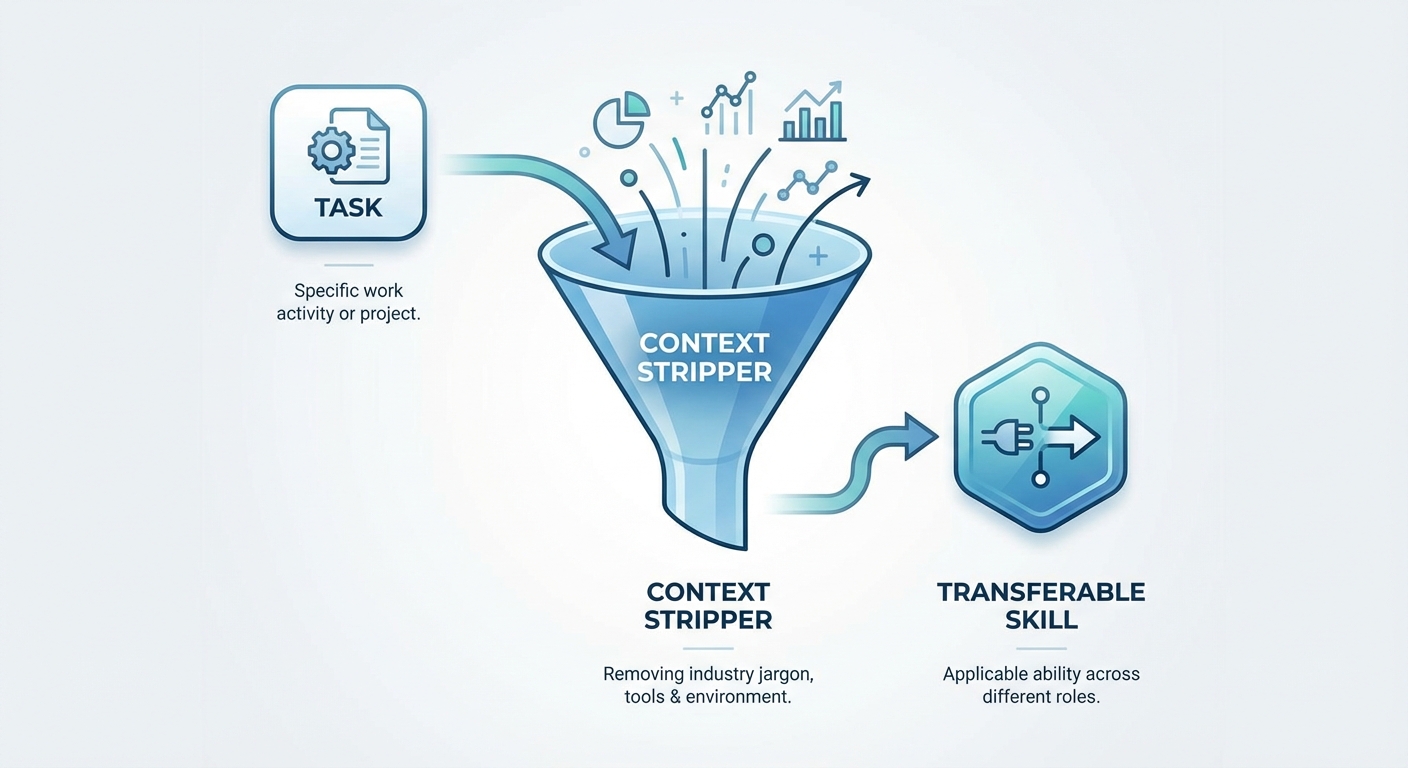 A flowchart showing a 'Task' entering a funnel labeled 'Context Stripper' and coming out as a 'Transferable Skill'