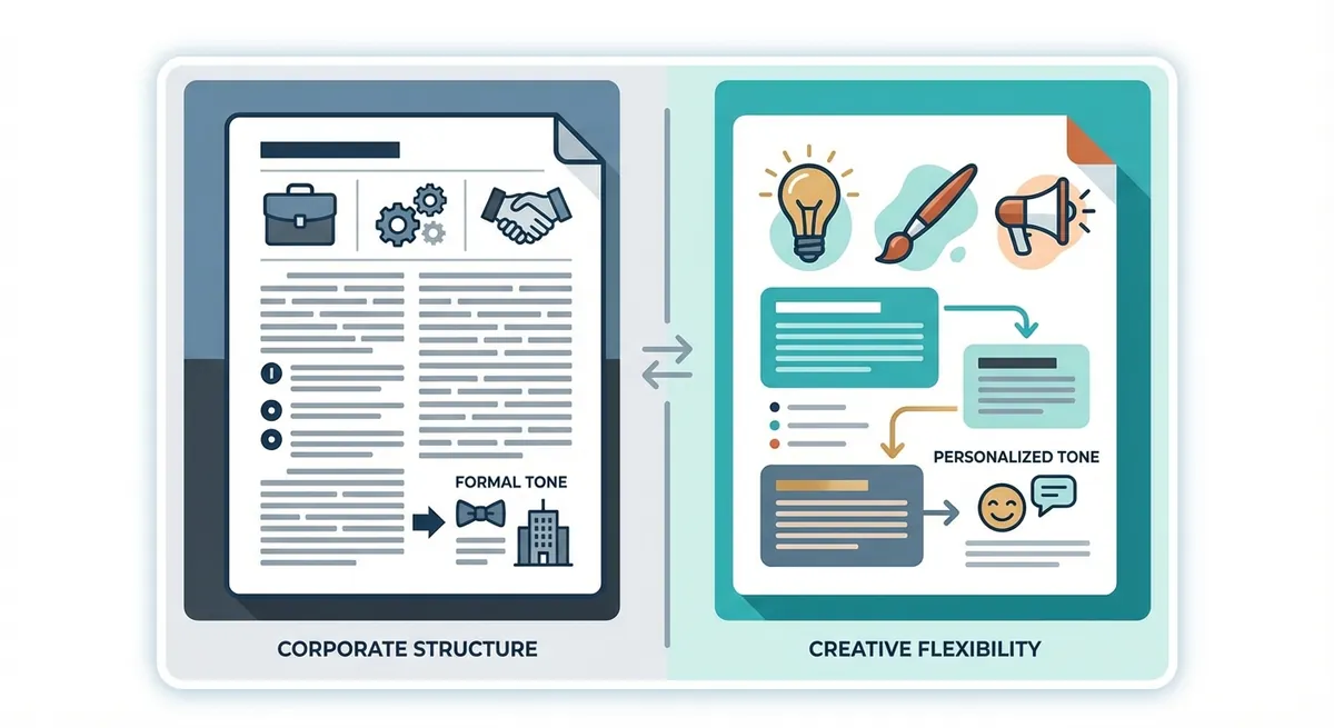 A split-screen visual showing a 'Corporate' cover letter on the left with strict formatting and a 'Creative' cover letter on the right with color accents and a bolder layout, highlighting the differences in structure and tone.