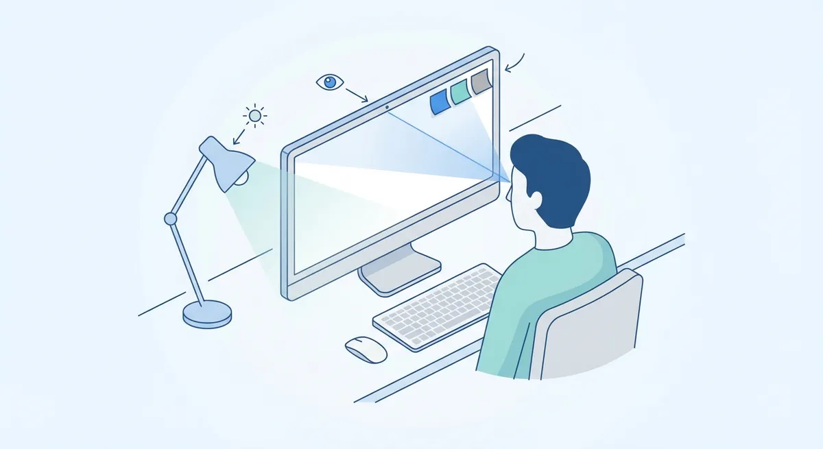 A visual diagram showing the ideal desk setup, including camera height relative to eyes, lighting placement, and sticky note positioning on the monitor