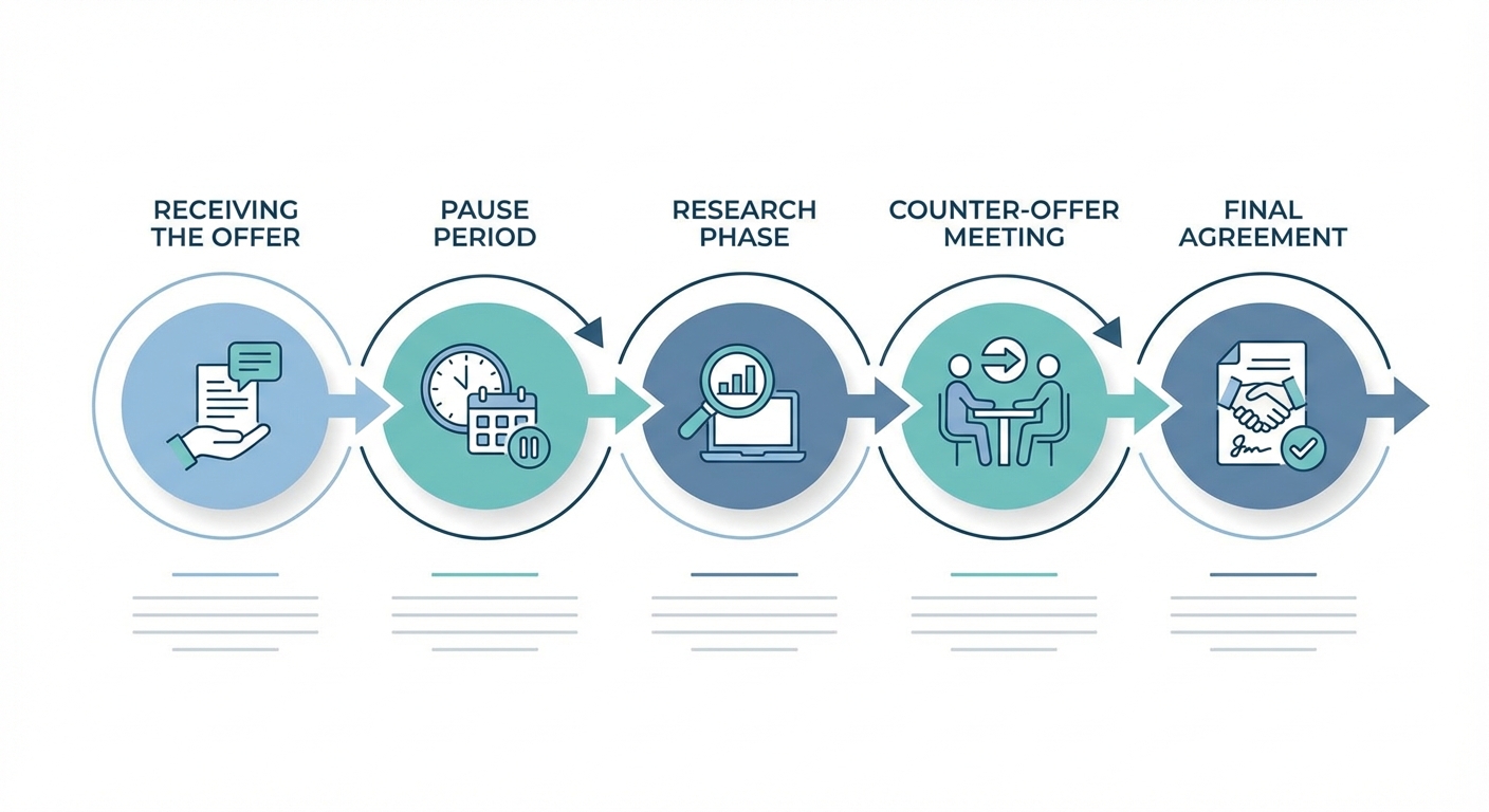 A timeline showing 'The Negotiation Flow' starting from receiving the offer, the pause period, the research phase, the counter-offer meeting, and the final agreement.