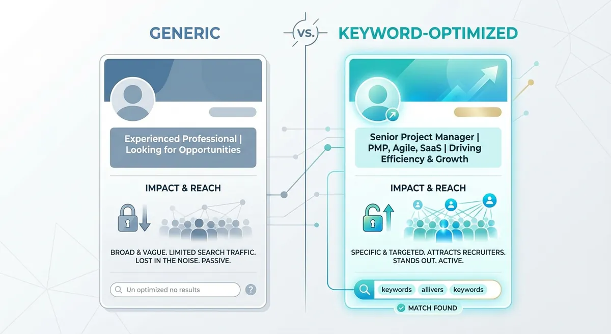 A visual comparison of a generic vs. a keyword-optimized LinkedIn headline.