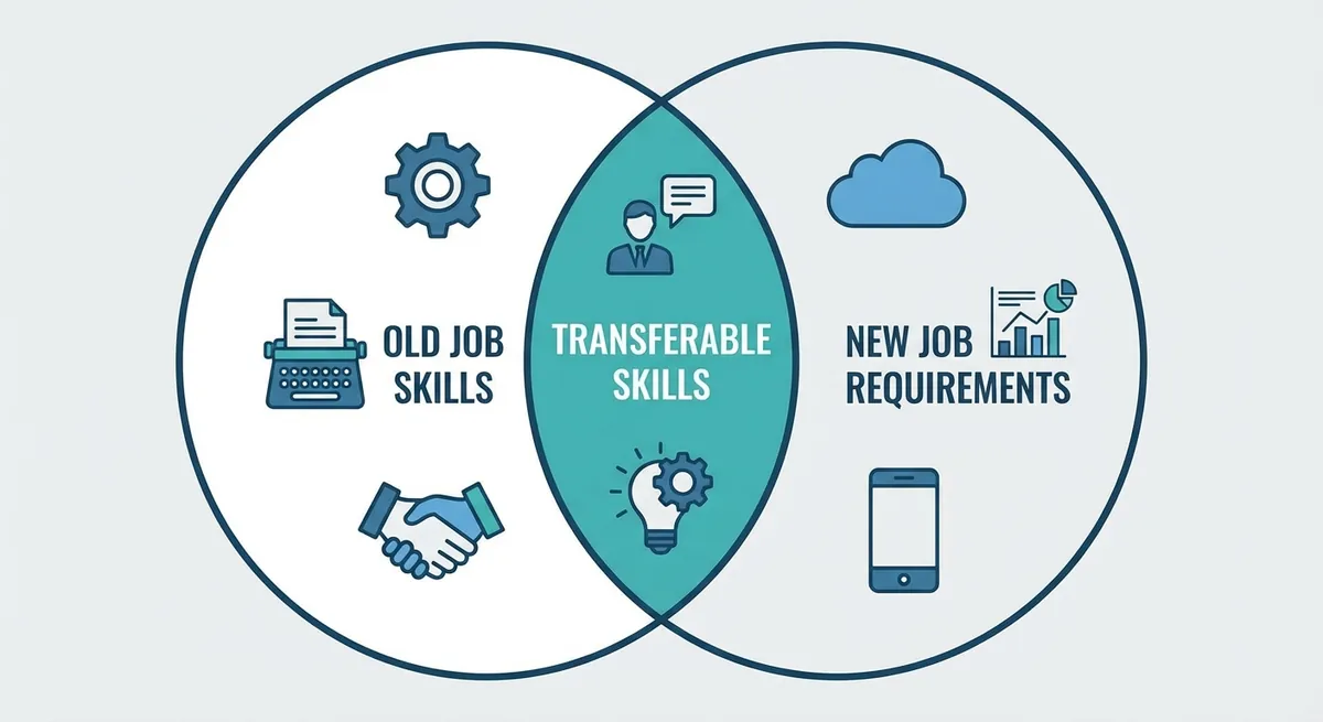 A Venn diagram showing 'Old Job Skills' on the left, 'New Job Requirements' on the right, and 'Transferable Skills' in the overlapping center, with icons for soft skills like leadership and communication