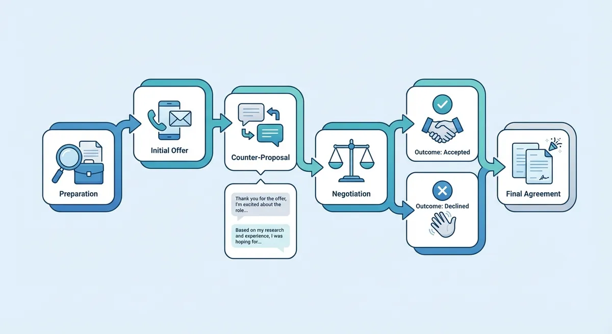 A visual flowchart detailing the stages of job offer negotiation, highlighting key scripts and outcomes.