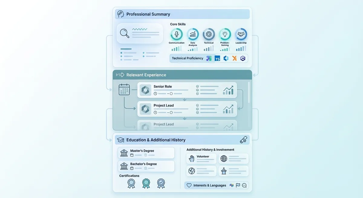 Visual breakdown of a Hybrid Resume showing the top third dedicated to Summary and Skills, the middle section for Relevant Experience, and the bottom for Education and additional history