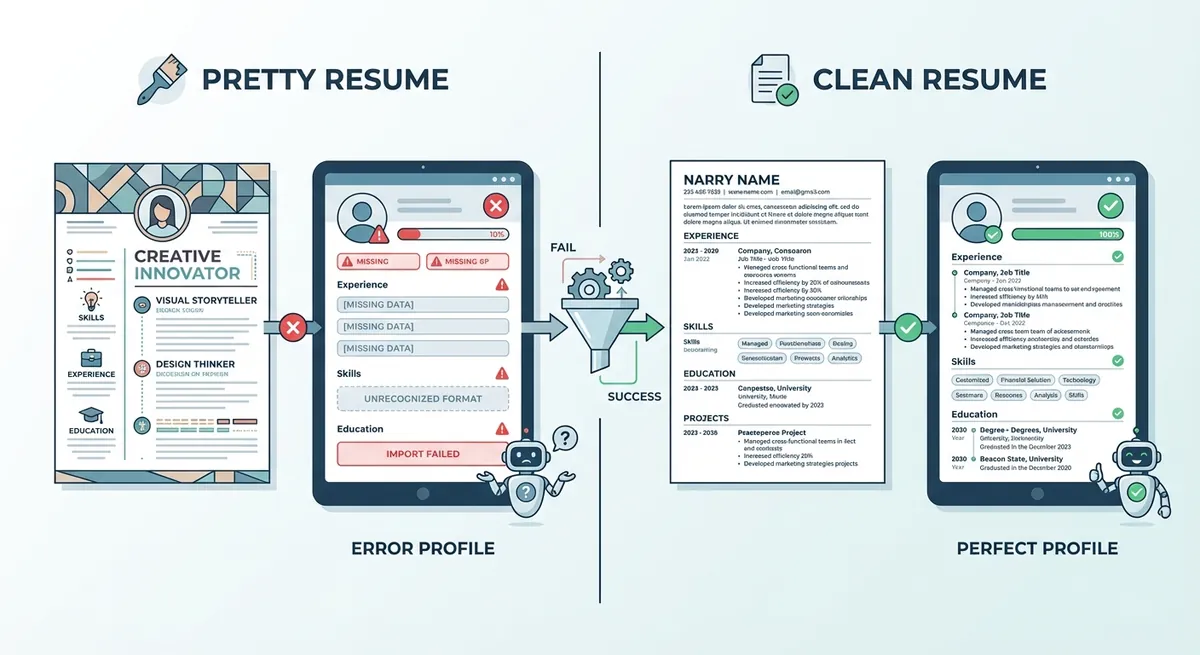 A split screen visual showing a 'Pretty' resume with graphics on the left being processed into an empty/error-filled digital profile, versus a 'Clean' resume on the right processing into a perfectly filled candidate profile