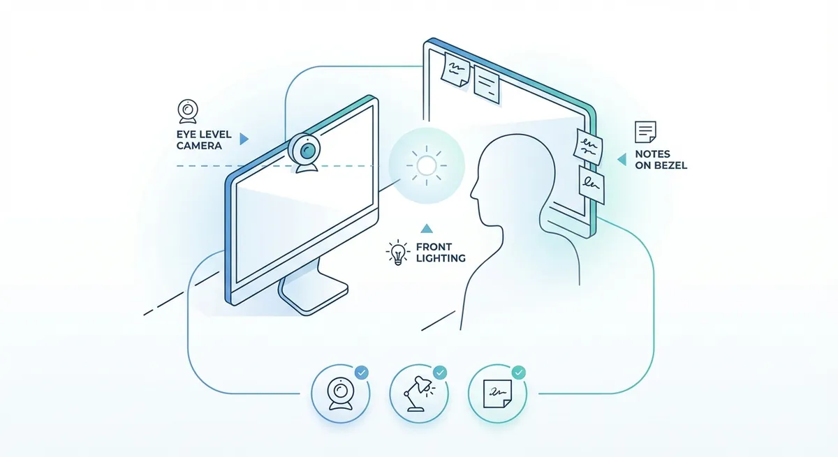 A visual diagram showing the ideal desk setup, including camera placement at eye level, light source positioning in front of the face, and note placement on the monitor bezel