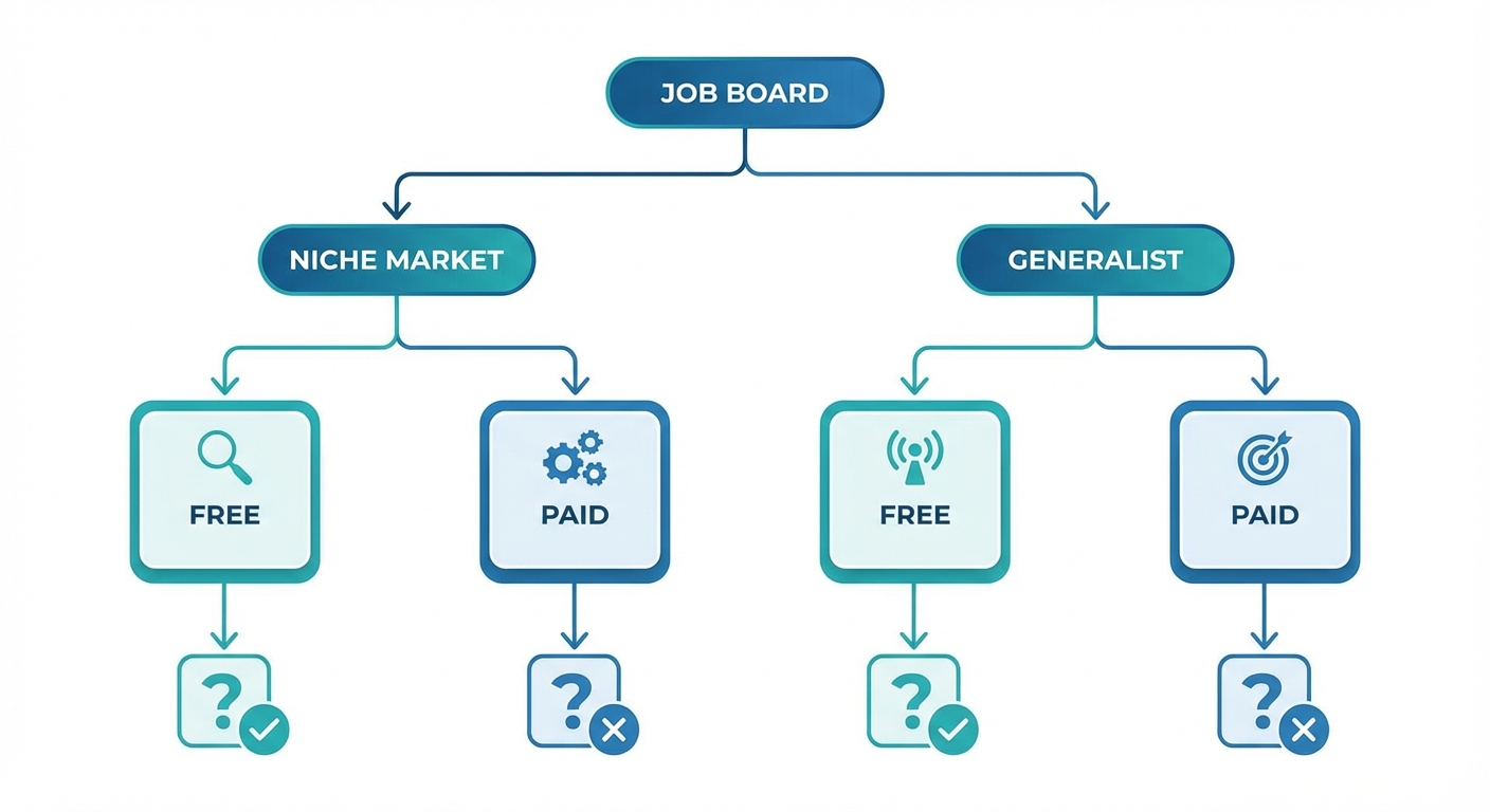 Visual flowchart showing the decision tree for 'Is this job board worth my time?' filtering by niche vs. generalist and free vs. paid