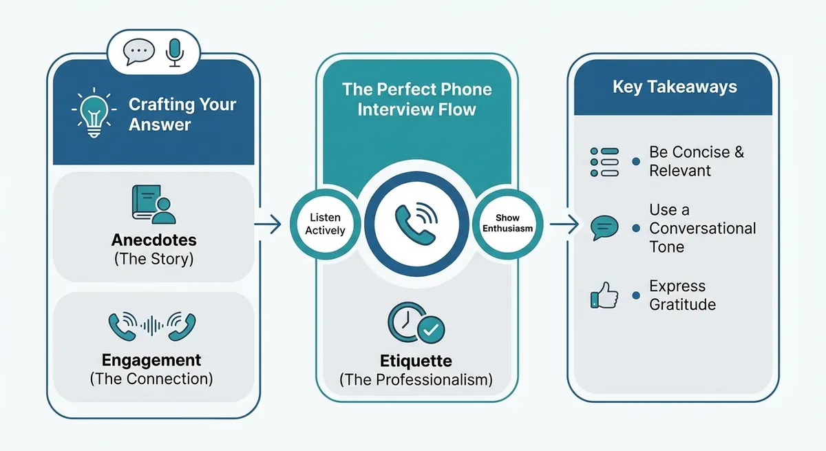 A visual guide to crafting the perfect phone interview answer, highlighting the role of anecdotes, engagement techniques, and etiquette.