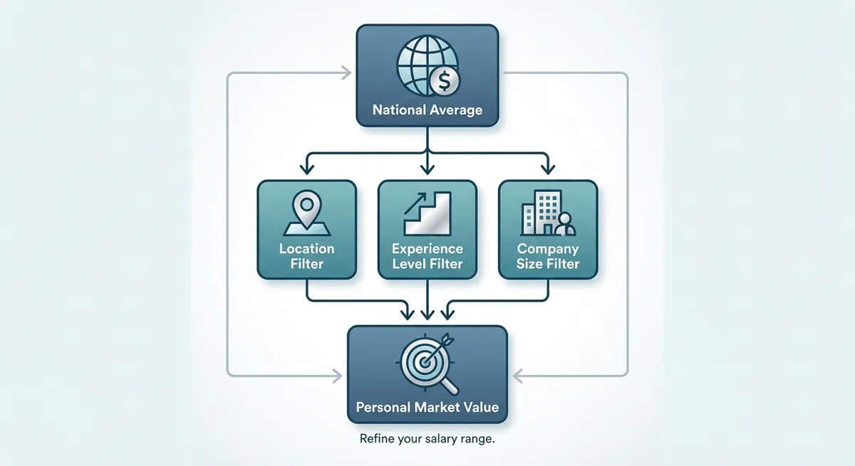 A flowchart showing the 'Triangulation Method' starting with National Average, then applying filters for Location, Experience Level, and Company Size to arrive at a 'Personal Market Value'