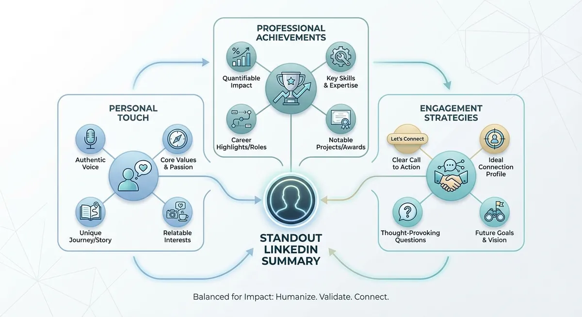 A visual representation of the elements of a standout LinkedIn summary, including a balance of personal touch, professional achievements, and engagement strategies.