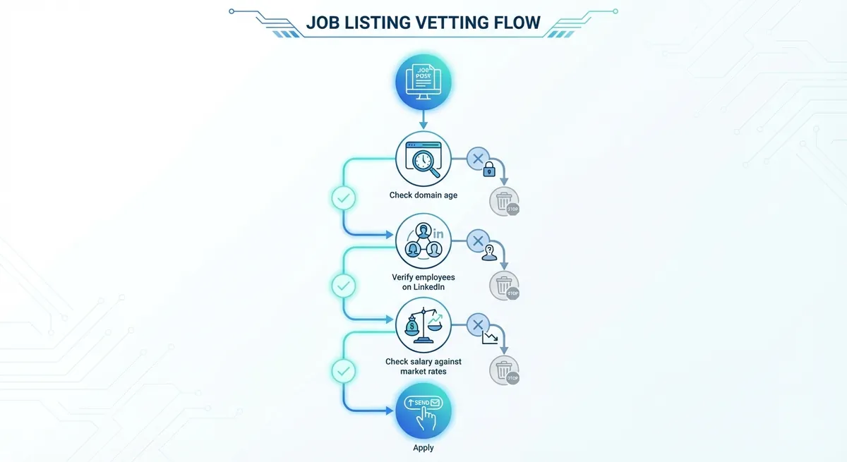 A flowchart showing the decision tree for vetting a job listing. Step 1: Check domain age. Step 2: verify employees on LinkedIn. Step 3: Check salary against market rates. Step 4: Apply.