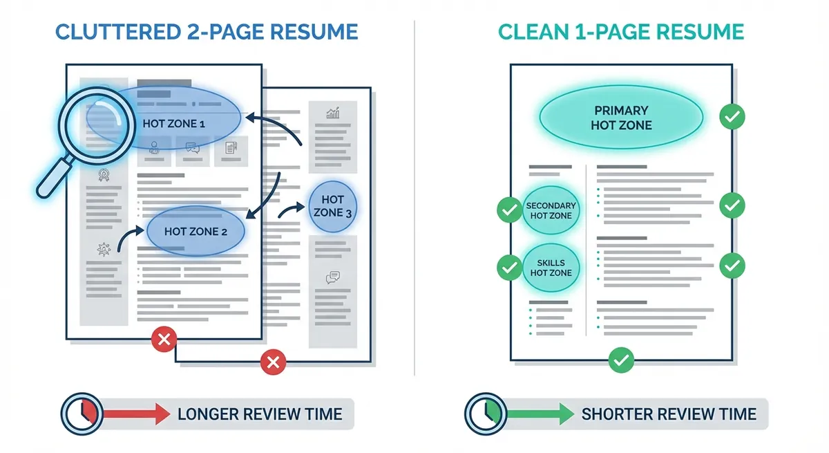 Visual comparison of a cluttered 2-page resume vs. a clean 1-page resume, highlighting 'Hot Zones' where recruiters look first
