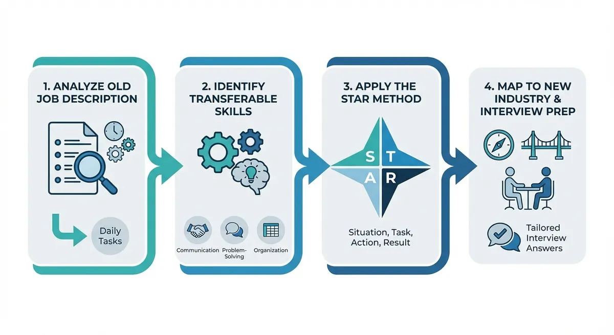 A step-by-step flowchart showing how to map daily tasks from an old job description to a completely new industry using the STAR method for interviews