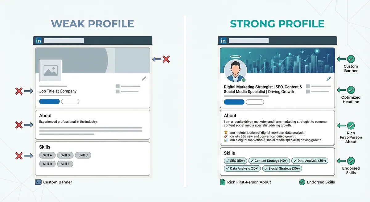 A side-by-side comparison of a weak LinkedIn profile versus a strong one, pointing out key areas like the custom banner image, an optimized headline with keywords, a rich first-person about section, and a fully endorsed skills list.