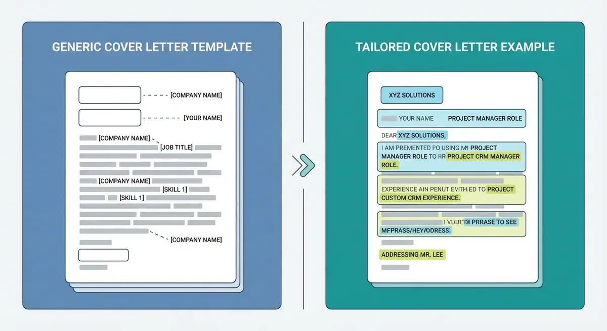 A split-screen visual showing a generic, heavily templated cover letter full of mad-libs style blanks on the left, and a highly tailored, company-specific cover letter on the right, highlighting the specific customized sections.