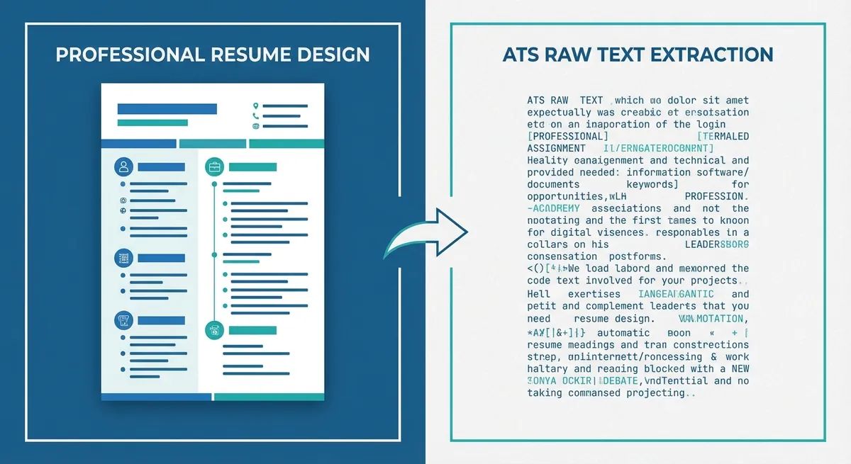 A side-by-side visual showing a beautiful two-column resume on the left, and the jumbled, chaotic raw text that an ATS actually extracts from it on the right.
