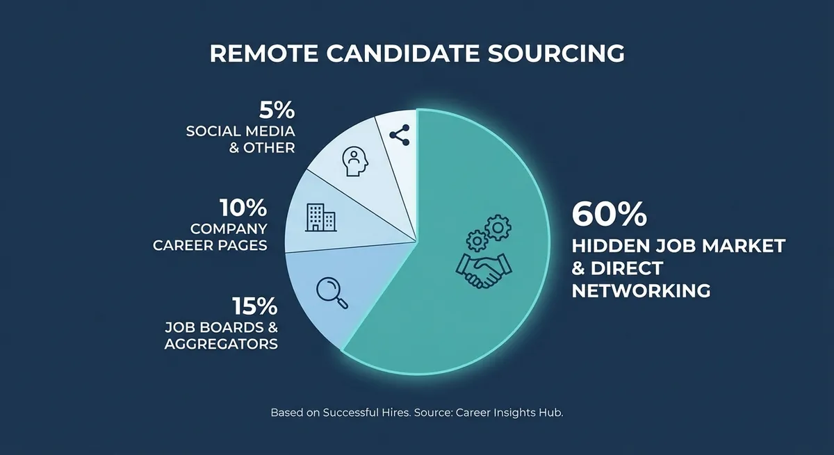 A pie chart showing where successful remote candidates source their job leads, emphasizing that 60% of hires come from the hidden job market and direct networking.