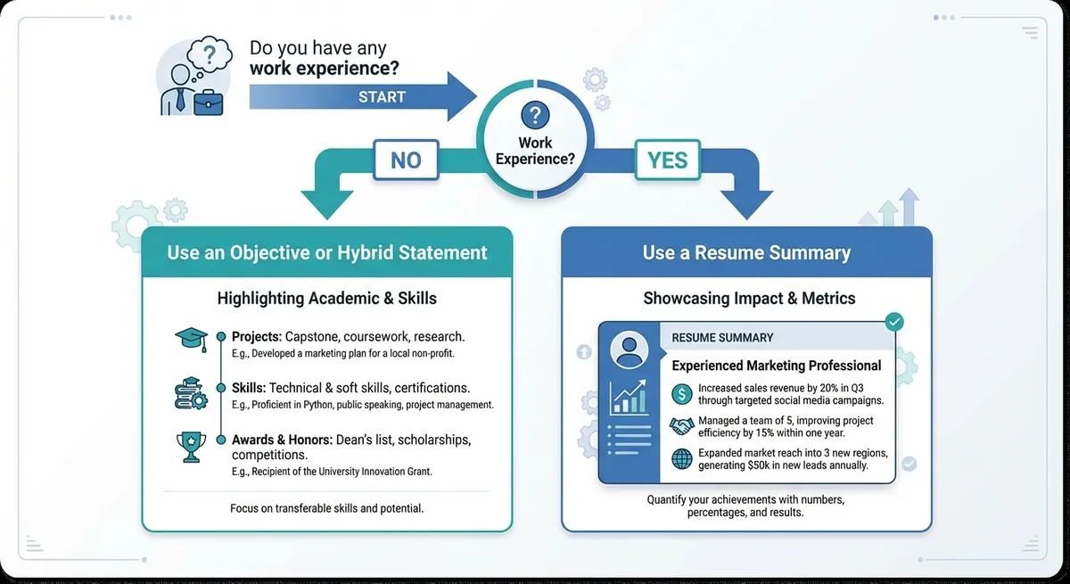 A simple, two-path flowchart. The starting question asks 'Do you have any work experience?' The 'Yes' path points to 'Use a Resume Summary' with a brief example showing metrics. The 'No' path points to 'Use an Objective or Hybrid Statement' with tips on highlighting academic achievements.