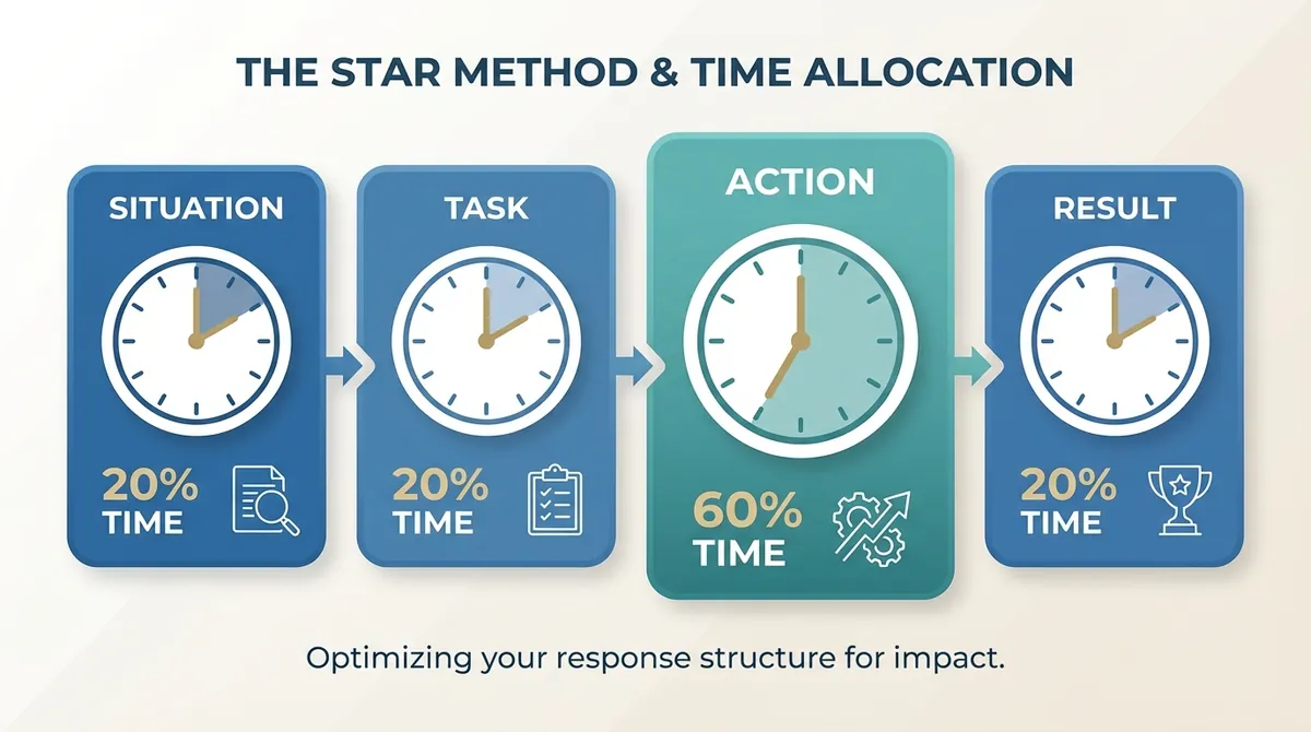 A 4-step diagram showing the STAR method with a clock icon next to each step, indicating that Situation and Task should take 20% of the time, Action 60%, and Result 20%