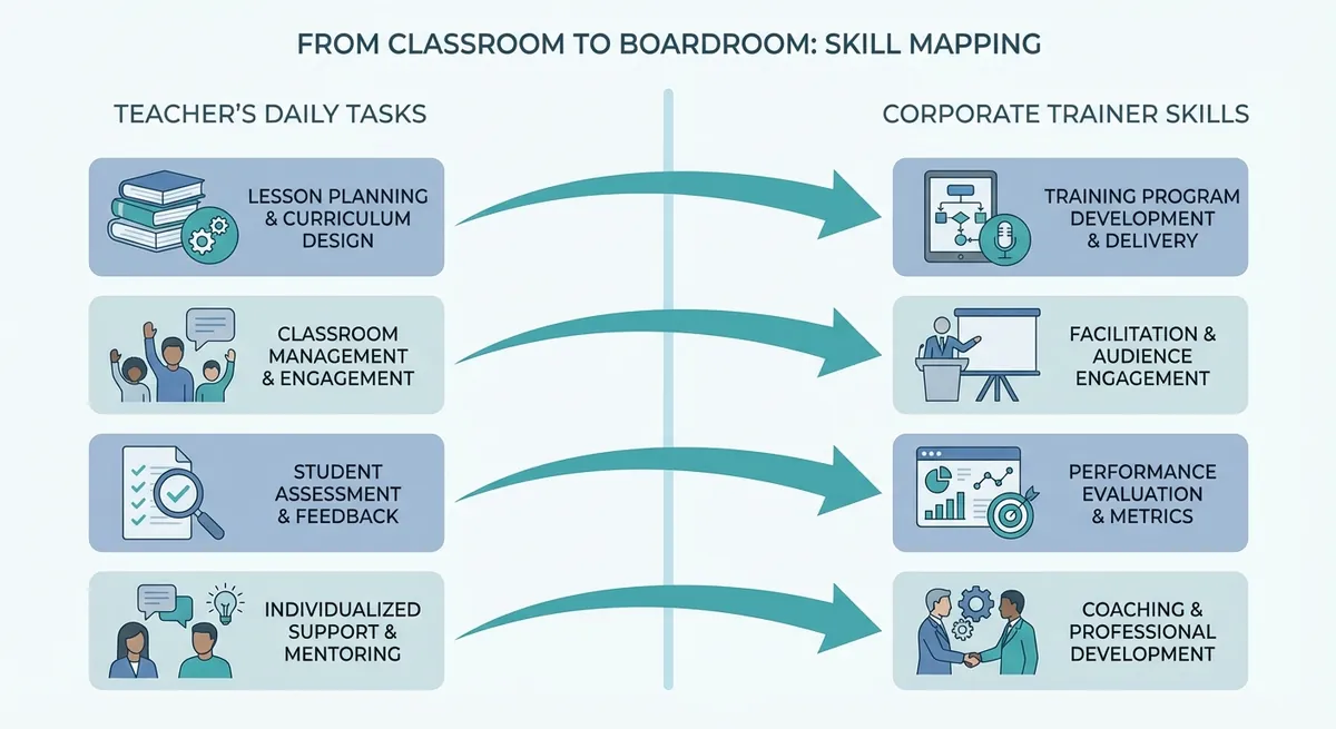 A split-screen visual showing a teacher's daily tasks on the left, mapping directly to corporate trainer skills on the right using connecting arrows.