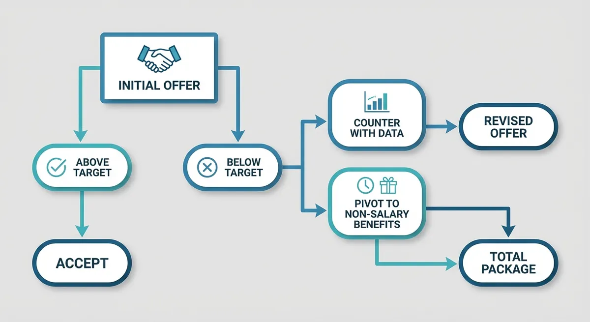 A flowchart showing the decision tree of a salary negotiation. It starts at the initial offer, splits into 'Above Target' and 'Below Target,' and guides the reader through accepting, countering with data, or pivoting to negotiate non-salary benefits like PTO or bonuses.