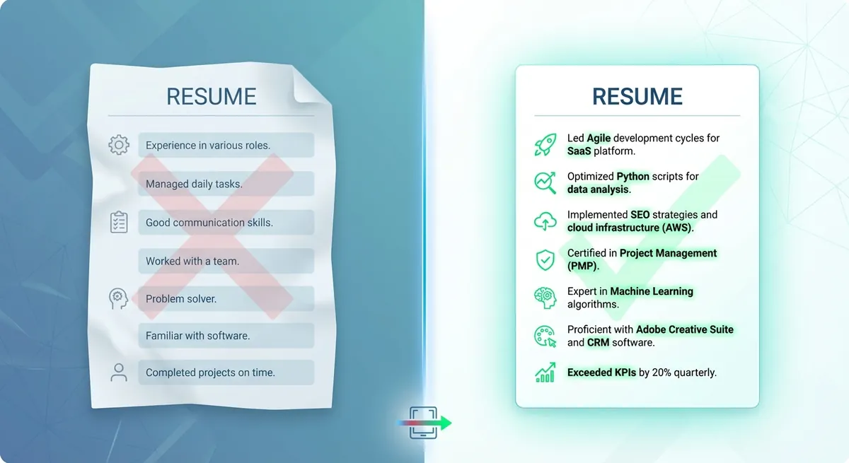 A split-screen visual showing a rejected resume with generic words next to an accepted resume highlighting specific industry keywords in bright green text