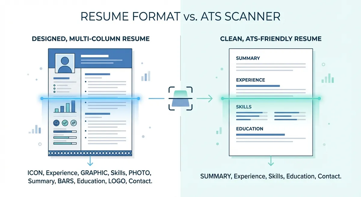 A side-by-side visual comparing a heavily designed two-column resume filled with graphics against a clean, single-column ATS-friendly resume, highlighting how the scanner reads the text of each.