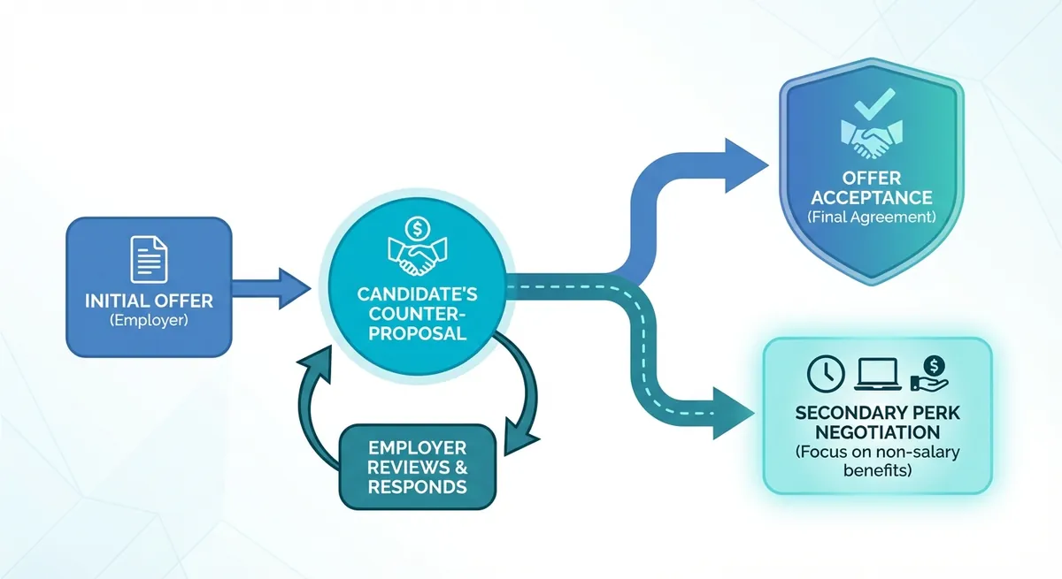 A flowchart showing the back-and-forth stages of a job offer negotiation, starting from the initial offer, moving to the candidate's counter-proposal, and ending in either acceptance or a secondary perk negotiation.