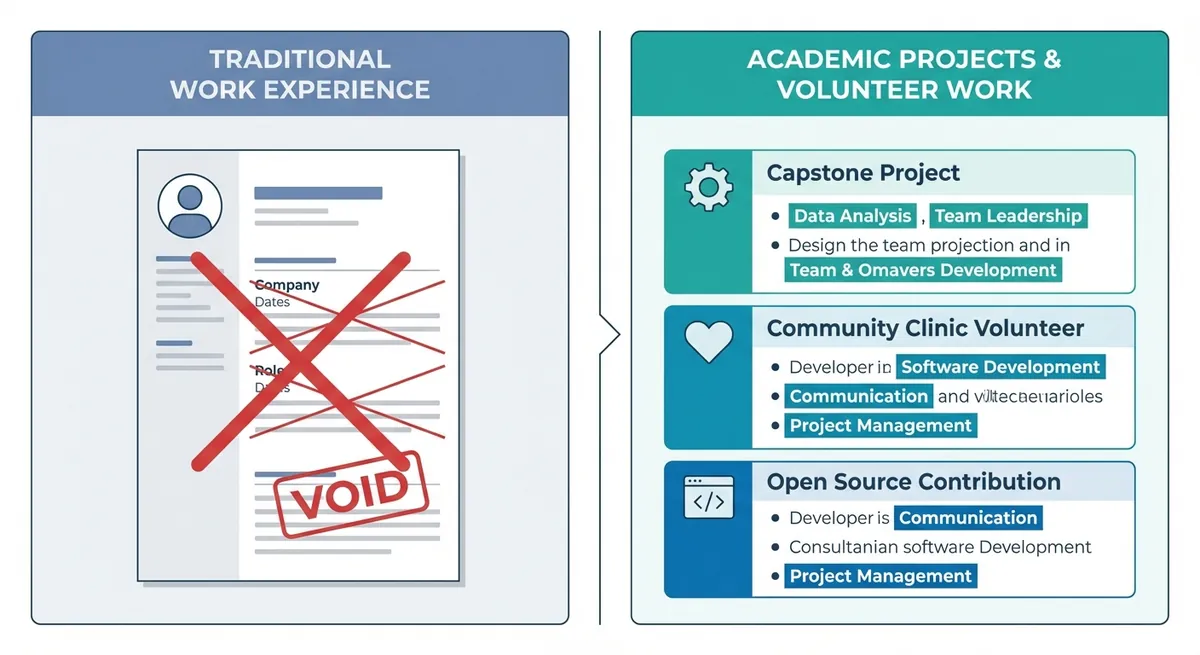 A split-screen visual showing a traditional blank 'Work Experience' section crossed out on the left, compared to a robust 'Academic Projects & Volunteer Work' section on the right, highlighting skill keywords.