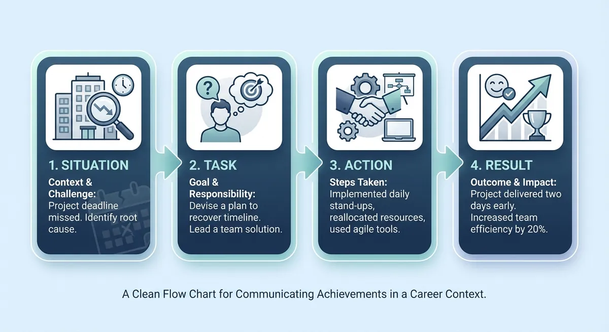 A four-step flow chart illustrating the Situation, Task, Action, and Result framework with a short example for each step