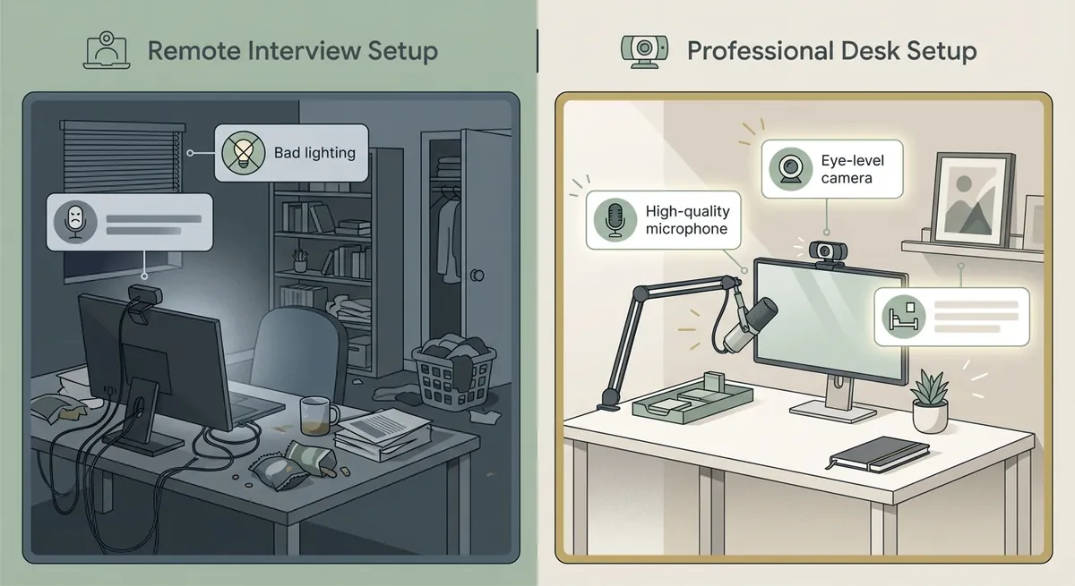 A side-by-side visual comparison showing a poorly lit, cluttered remote interview setup versus a professional, well-lit desk setup with callout boxes highlighting key elements like a good microphone, eye-level camera, and clean background