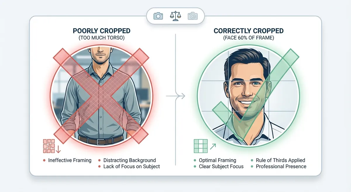 A side-by-side visual comparing a poorly cropped photo showing too much torso versus a correctly cropped photo where the face takes up 60% of the circular frame, highlighting the rule of thirds.
